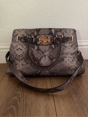 Michael Kors Gray Snake-Print Satchel with Gold Hardware